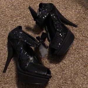 Tie front black sequin heels